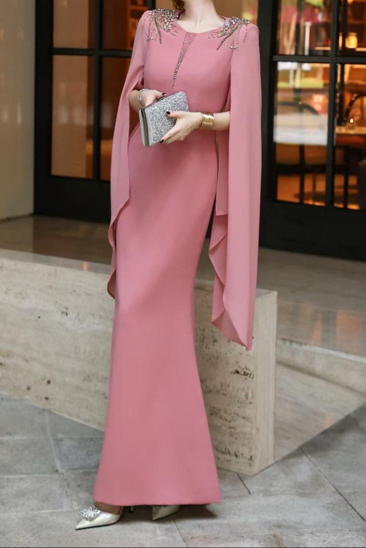 cape-sleeve mermaid dress with embellished shoulders – ROSABELLE