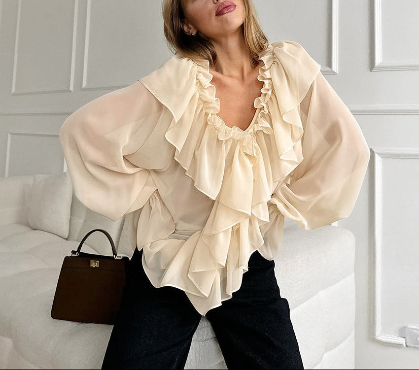 chiffon blouse with cascading ruffle neckline – SERENE