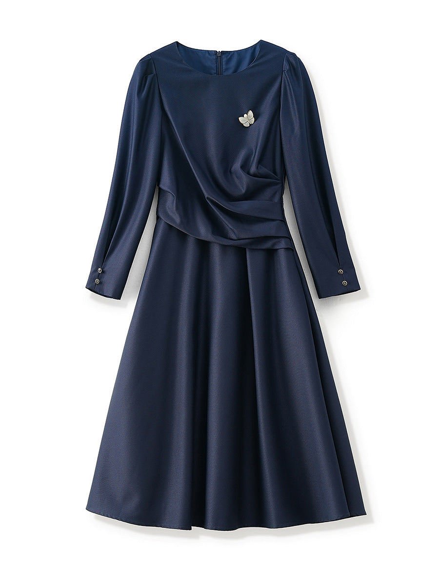 long-sleeve fit-and-flare midi dress with waist draping - NOELLE