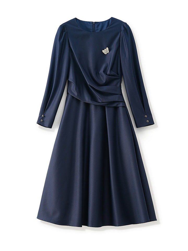 long-sleeve fit-and-flare midi dress with waist draping - NOELLE