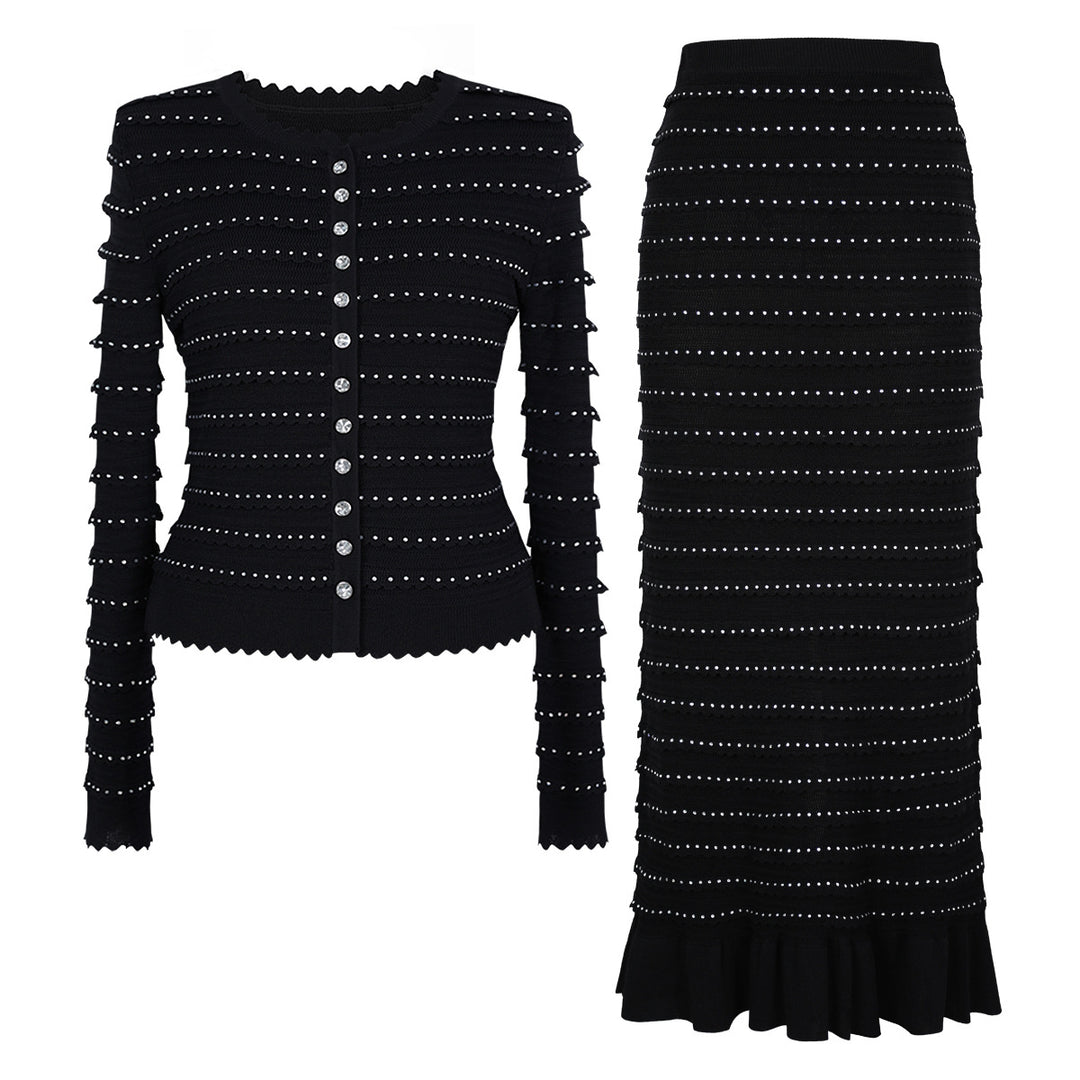 褶皱喇叭袖上衣和高腰裙套装，配腰带 – Rosiny 