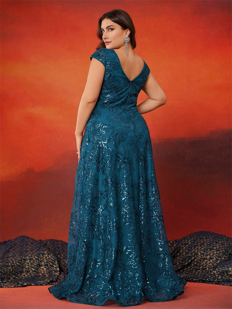 sequin lace gown with V-neck and cap sleeves – EMERALDIA