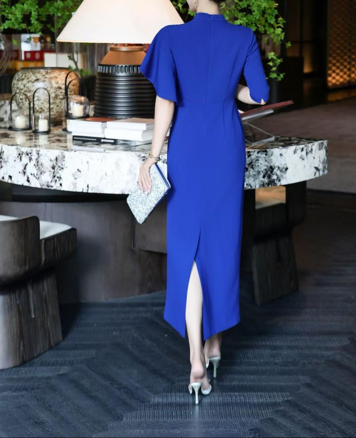 asymmetric sleeve gown with gold floral embellishments – RIVERA