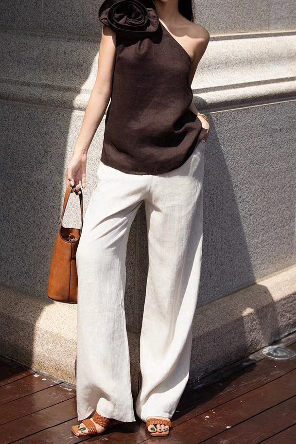 one-shoulder draped top with wide-leg linen trousers – IVORY