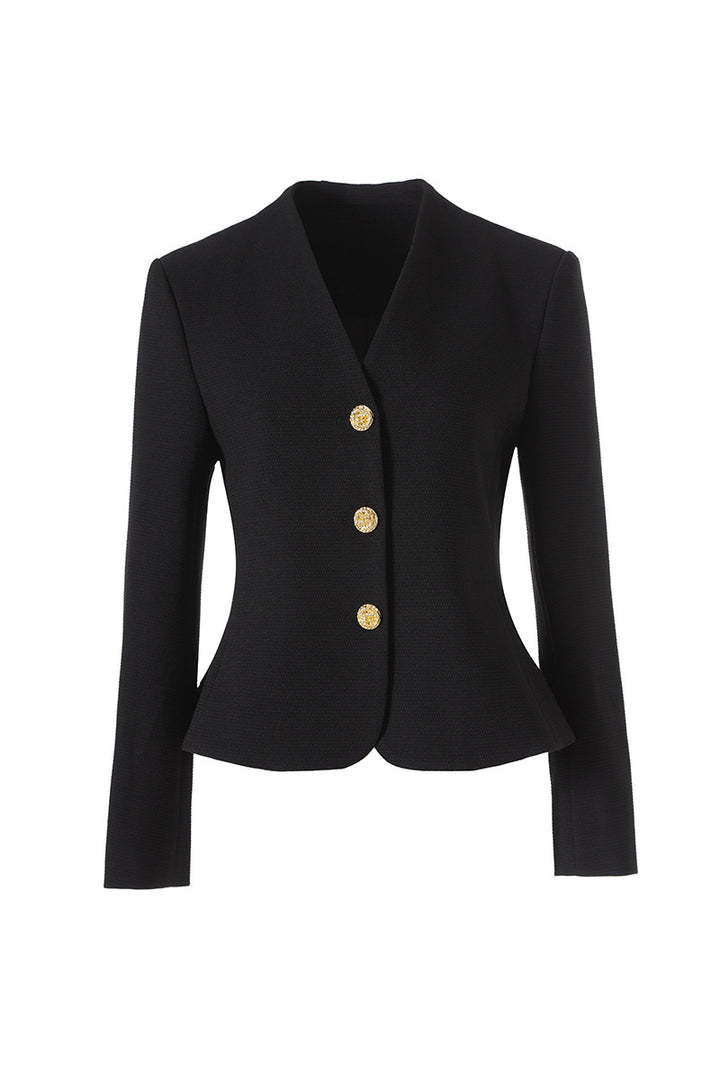 Tailored collarless blazer with gold buttons – AURELIA