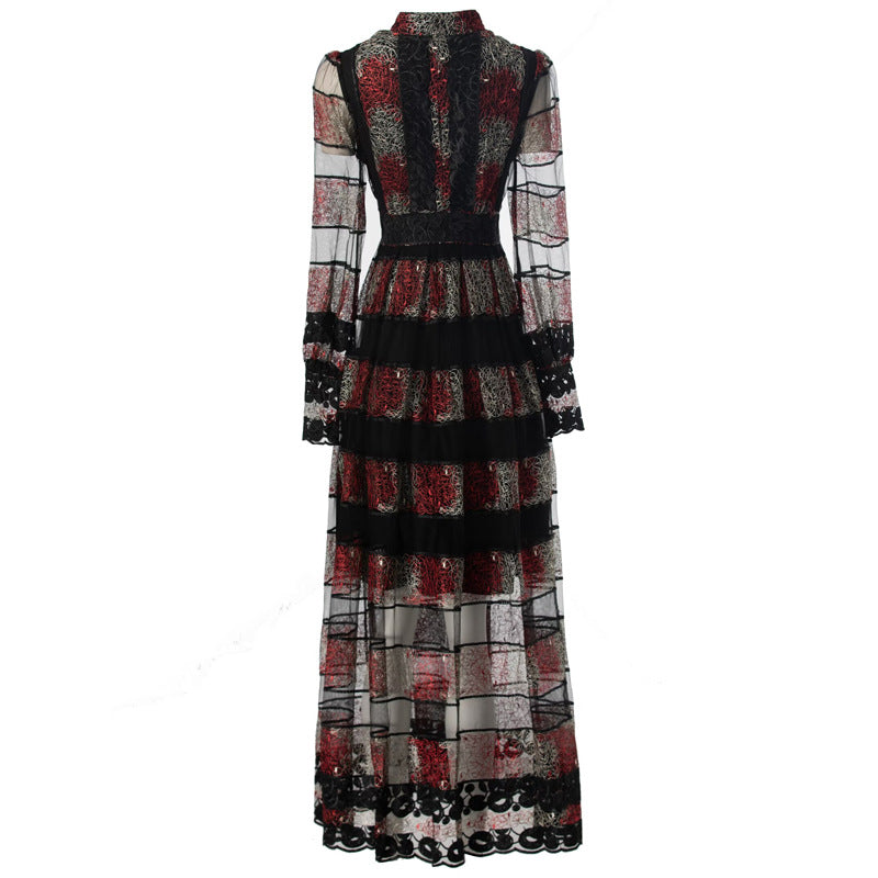 sheer lace-panel maxi dress with embroidered stripes – VIVIANA