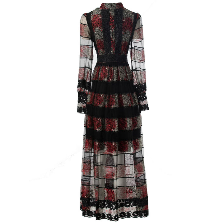 sheer lace-panel maxi dress with embroidered stripes – VIVIANA