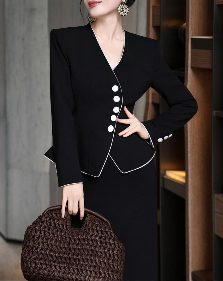 peplum skirt suit with contrast piping – NOIRE