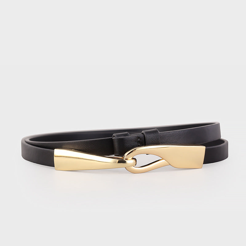 حزام جلدي رفيع بإبزيم ذهبي منحوت - أديل