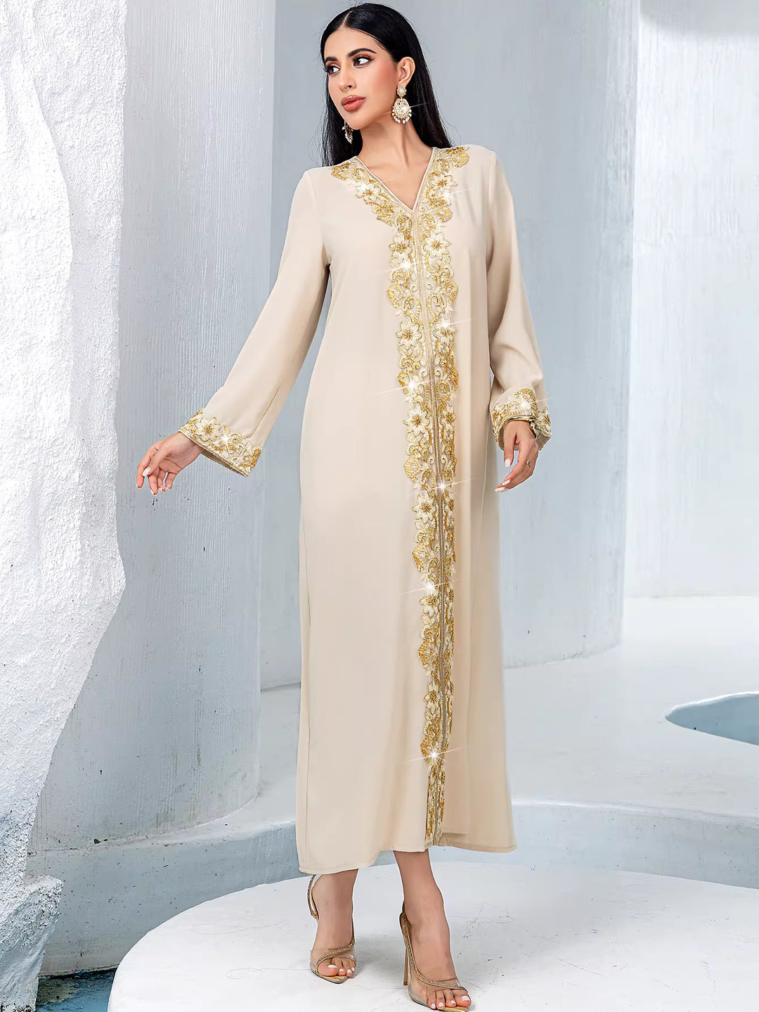 embroidered V-neck long abaya with waist belt – AURELIA