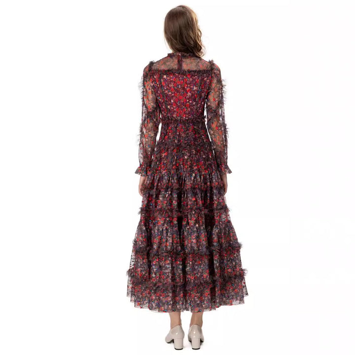 floral mesh tiered gown with sheer sleeves – VIVIENNE