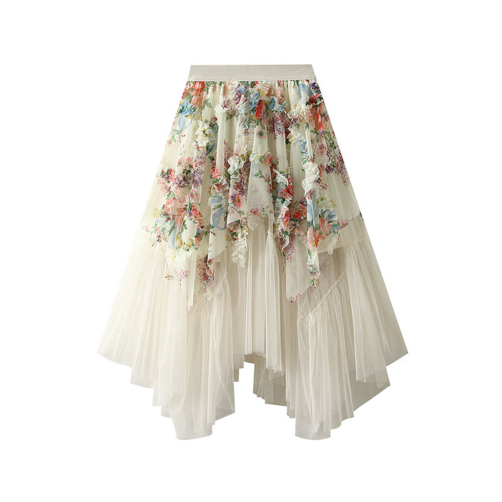 asymmetric floral tulle midi skirt with layered hem – FLORETTE