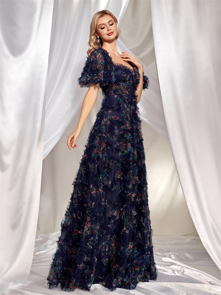 off-shoulder floral tulle gown with puff sleeves – NIGHT