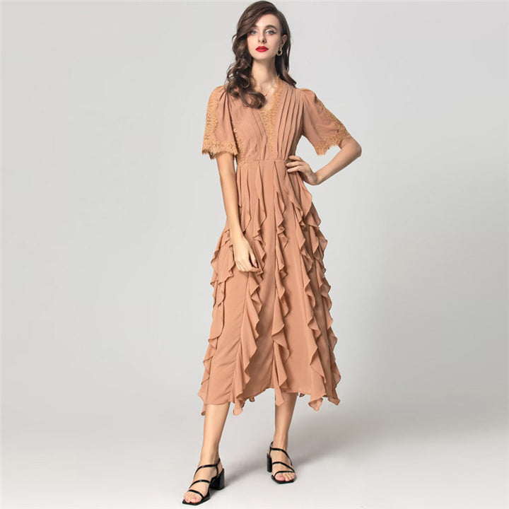 pleated lace midi dress with cascading ruffles – SIENNA