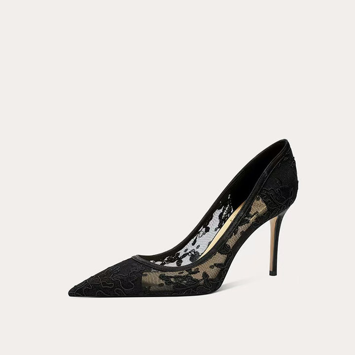 lace mesh stiletto pumps with floral embroidery – SERENAQIZ