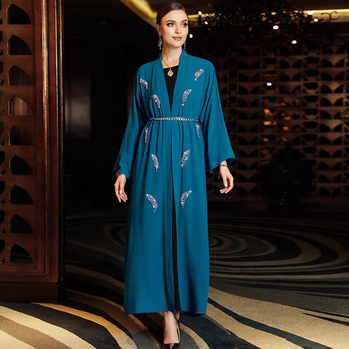 embroidered open-front dress with chain belt - ZAHRANU