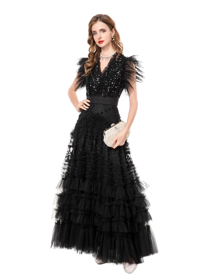 tiered tulle gown with sequin bodice and ruffled sleeves – CELESTE