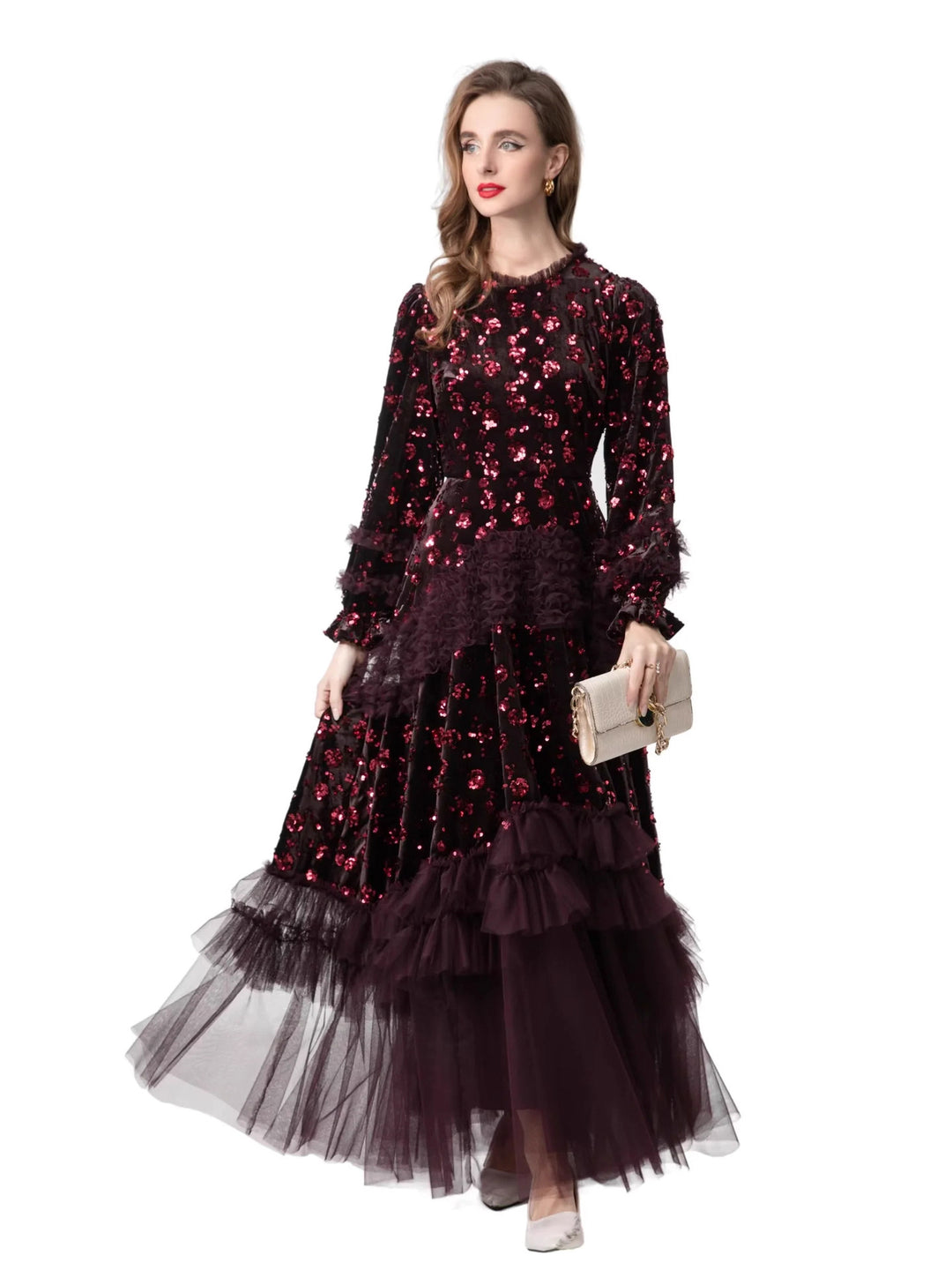 velvet sequin gown with layered tulle hem – MARCELLINA