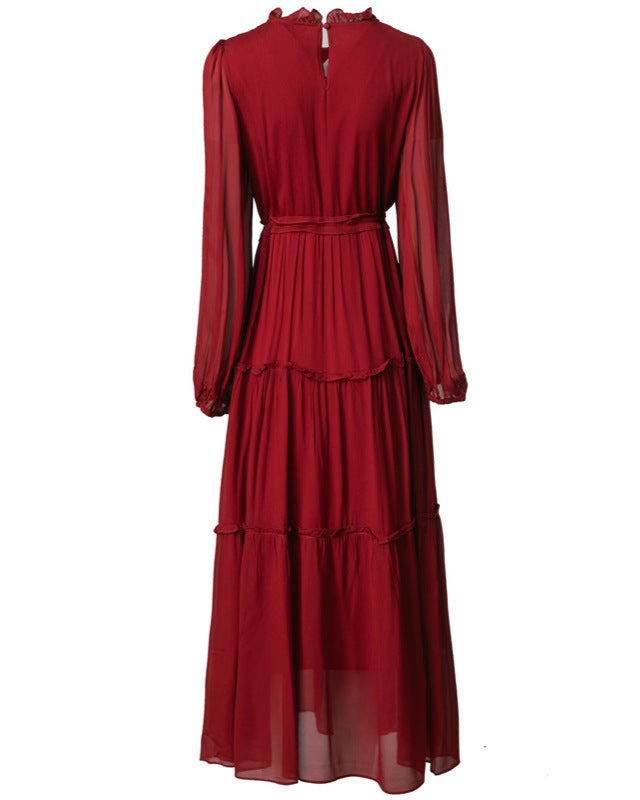 فستان شيفون متعدد الطبقات بأكمام طويلة وتطريز زهري - سكارليزا