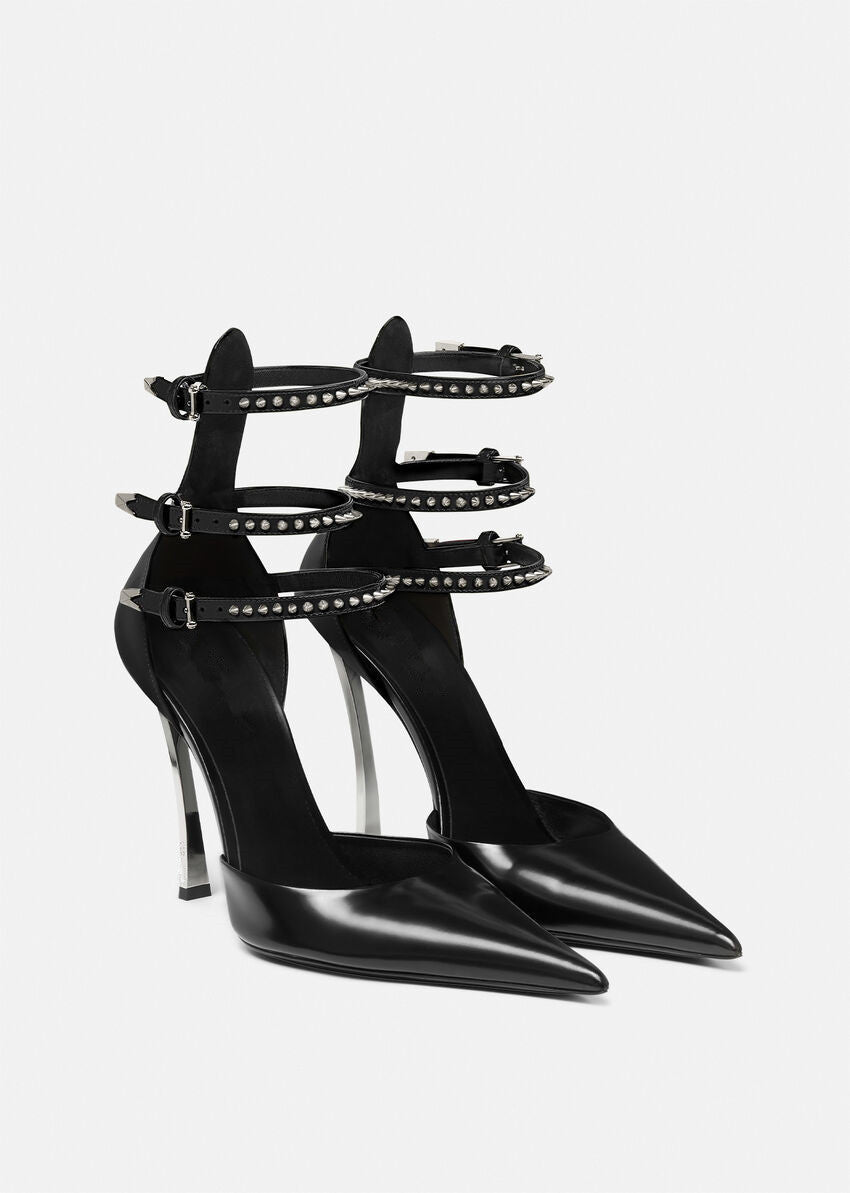 triple-strap pointed-toe heels with studded details – AURORA