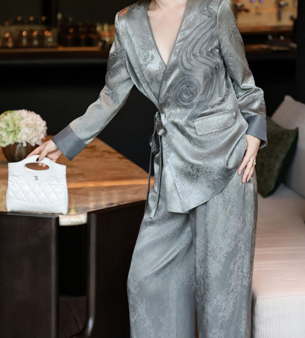 jacquard wrap blazer with wide-leg satin trousers – SERAPHINE