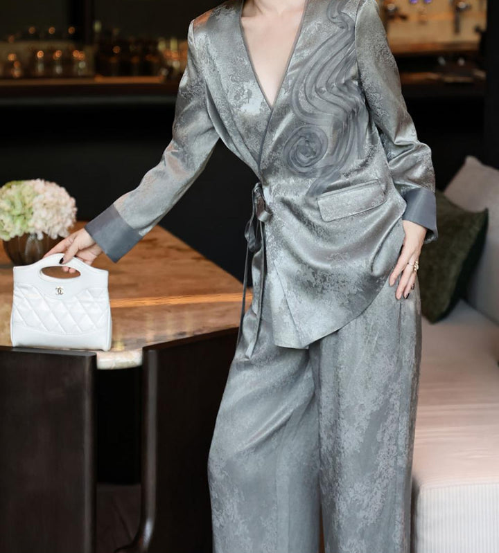 jacquard wrap blazer with wide-leg satin trousers – SERAPHINE