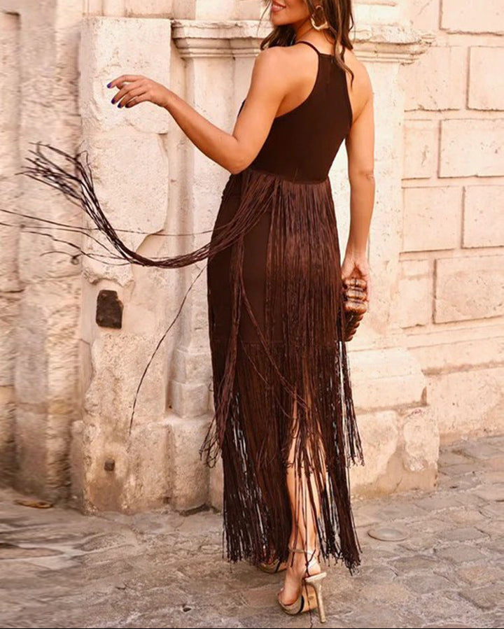 metallic halter fringe gown – SIENNA