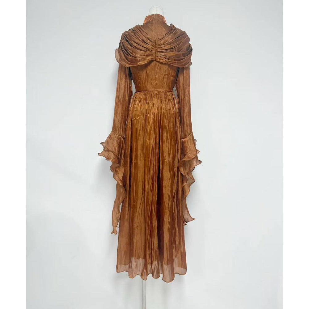 draped satin midi dress with ruffled sleeves – ROSALINE