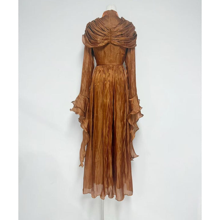 draped satin midi dress with ruffled sleeves – ROSALINE