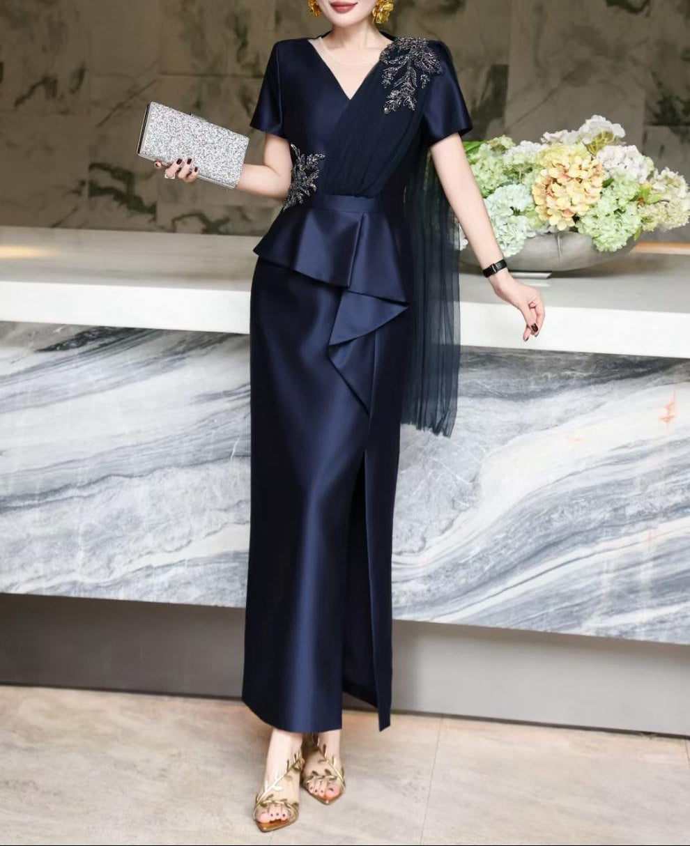 v-neck satin gown with embellished floral drape – NAVIA