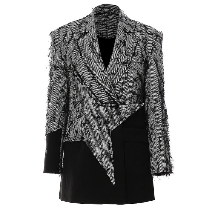 asymmetric layered blazer with textured mesh overlay – OBSCURA