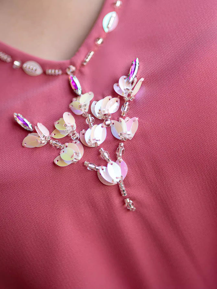 flared sleeve column dress with crystal floral embroidery - ZAYNA