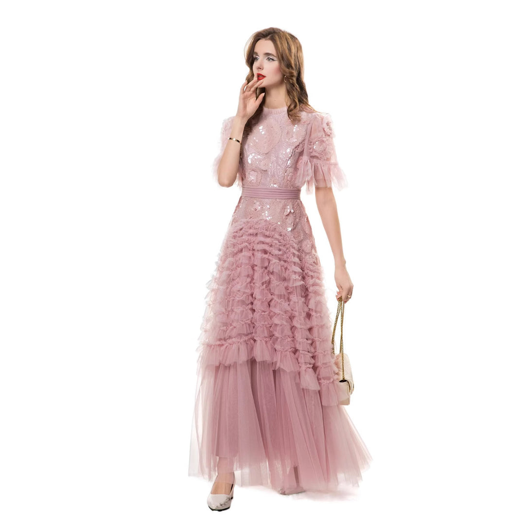 فستان من التول مطرز بالترتر مع تنورة بكشكشة متعددة الطبقات – سيليست