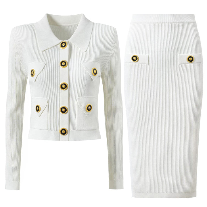 ribbed knit skirt set with gold button detail - AURELIAMI