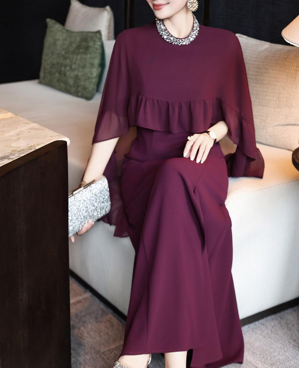 black cape-overlay gown with ruffled chiffon tier – ELIORA