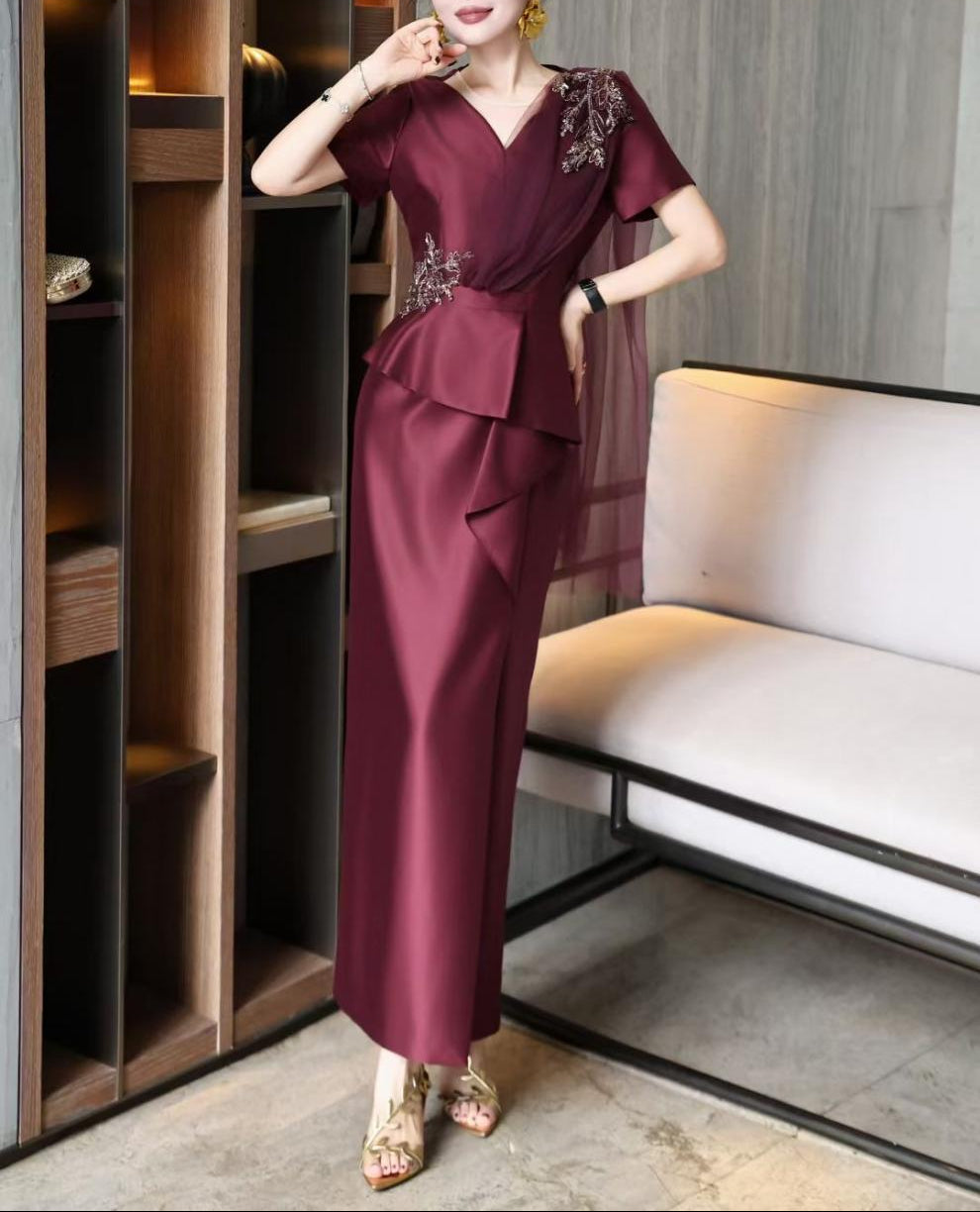 v-neck satin gown with embellished floral drape – NAVIA