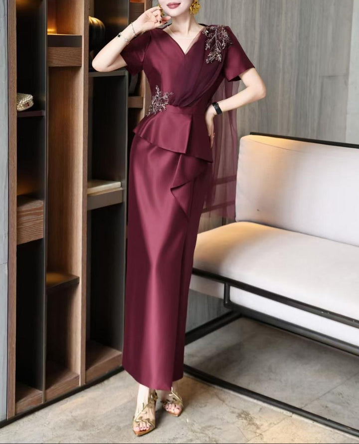 v-neck satin gown with embellished floral drape – NAVIA