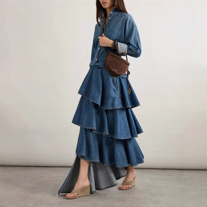 Geplooide top met uitlopende mouwen en maxi-rok set met tailleband – Rosiny 