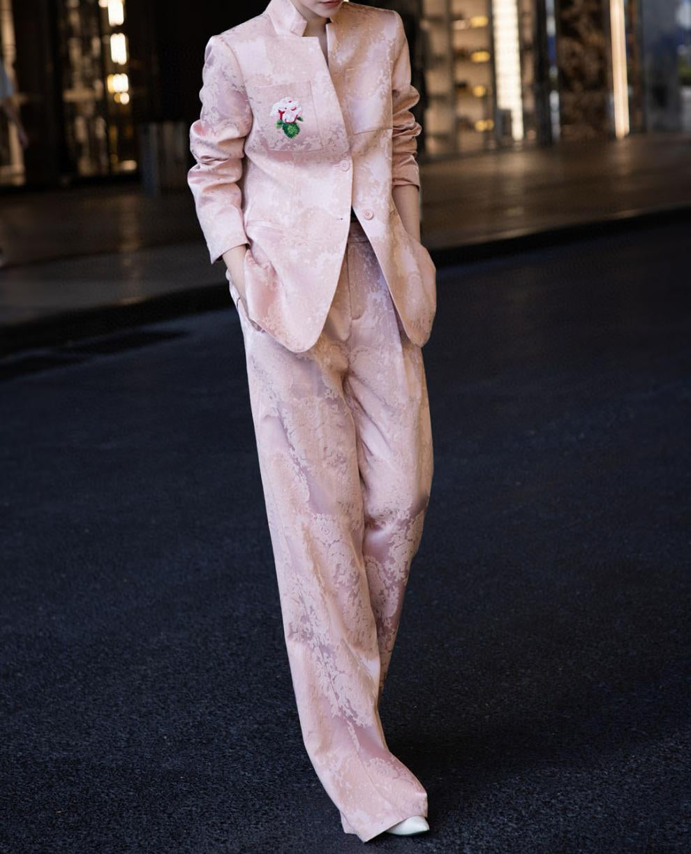 brocade tailored pantsuit with floral patch – VERDANA