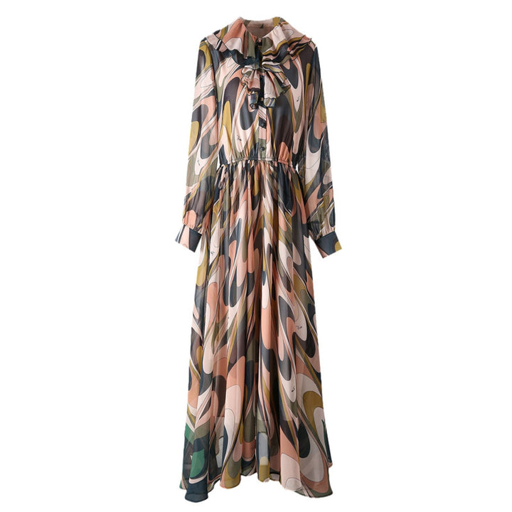 printed chiffon maxi dress with ruffled neckline – ELLORA