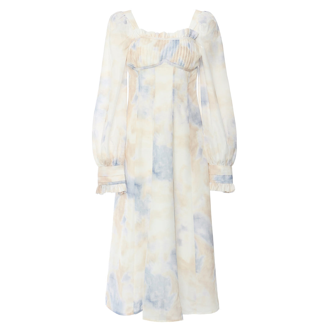 Corset-style midi dress with ruffled neckline and puff sleeves – LUMERA