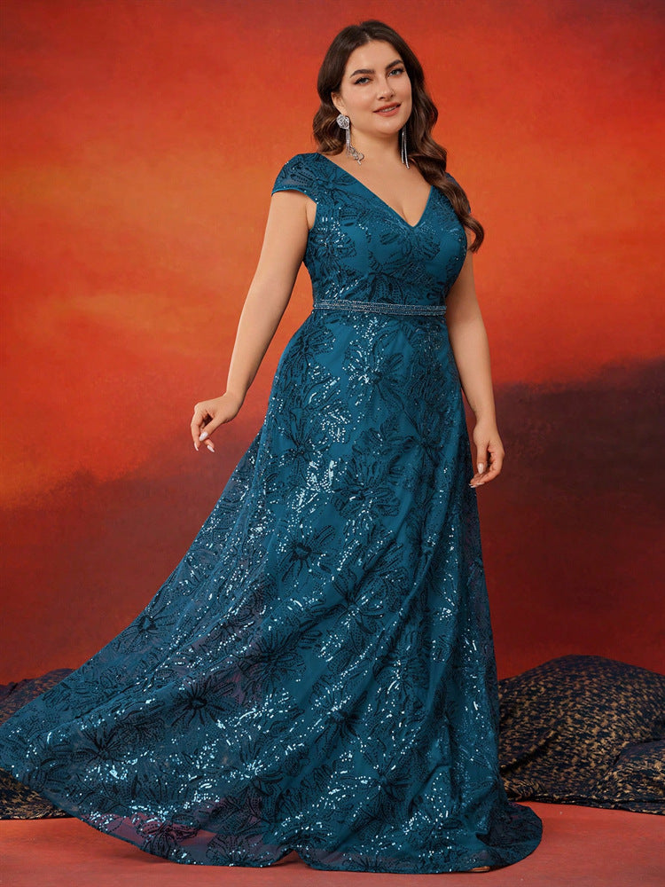 sequin lace gown with V-neck and cap sleeves – EMERALDIA