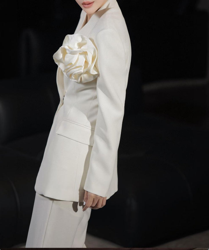 structured blazer suit with oversized rose – FUCHSIA