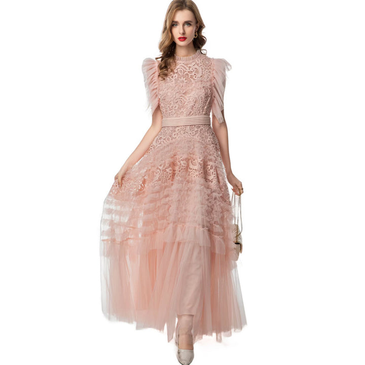 ruffled lace gown with pleated tulle sleeves – AMÉLIE