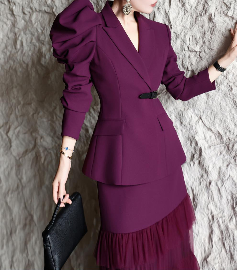 structured ruffle-sleeve blazer set with tiered tulle skirt – AMARANTH