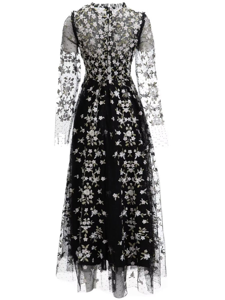 embroidered tulle midi gown with long sleeves – ORYVLA