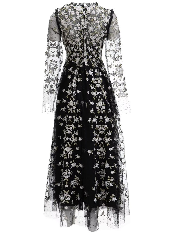 embroidered tulle midi gown with long sleeves – ORYVLA