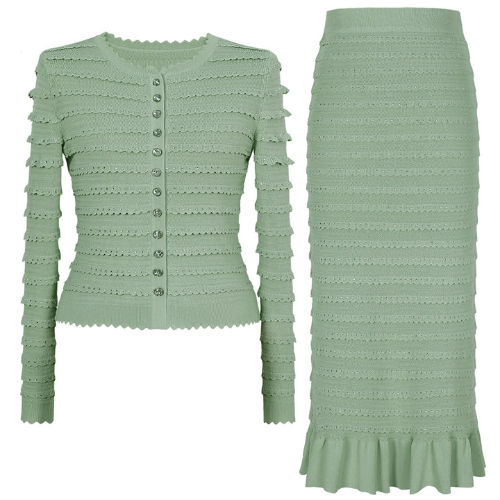 褶皱喇叭袖上衣和高腰裙套装，配腰带 – Rosiny 