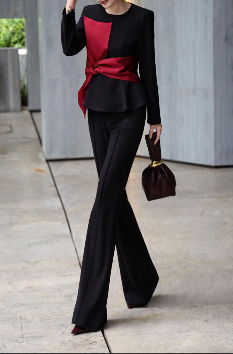 black peplum top with white twist accent & flared pants – AURORA