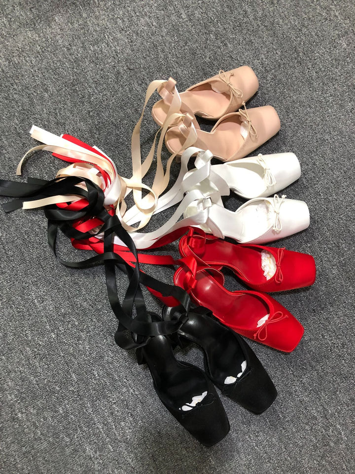 satin platform heels with ribbon ankle ties – BELLE
